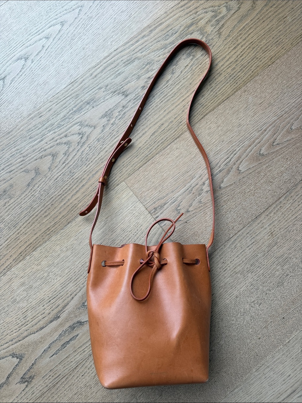 Mansur Gavriel Cognac Brown Leather Bucket Bag with Adjustable Strap